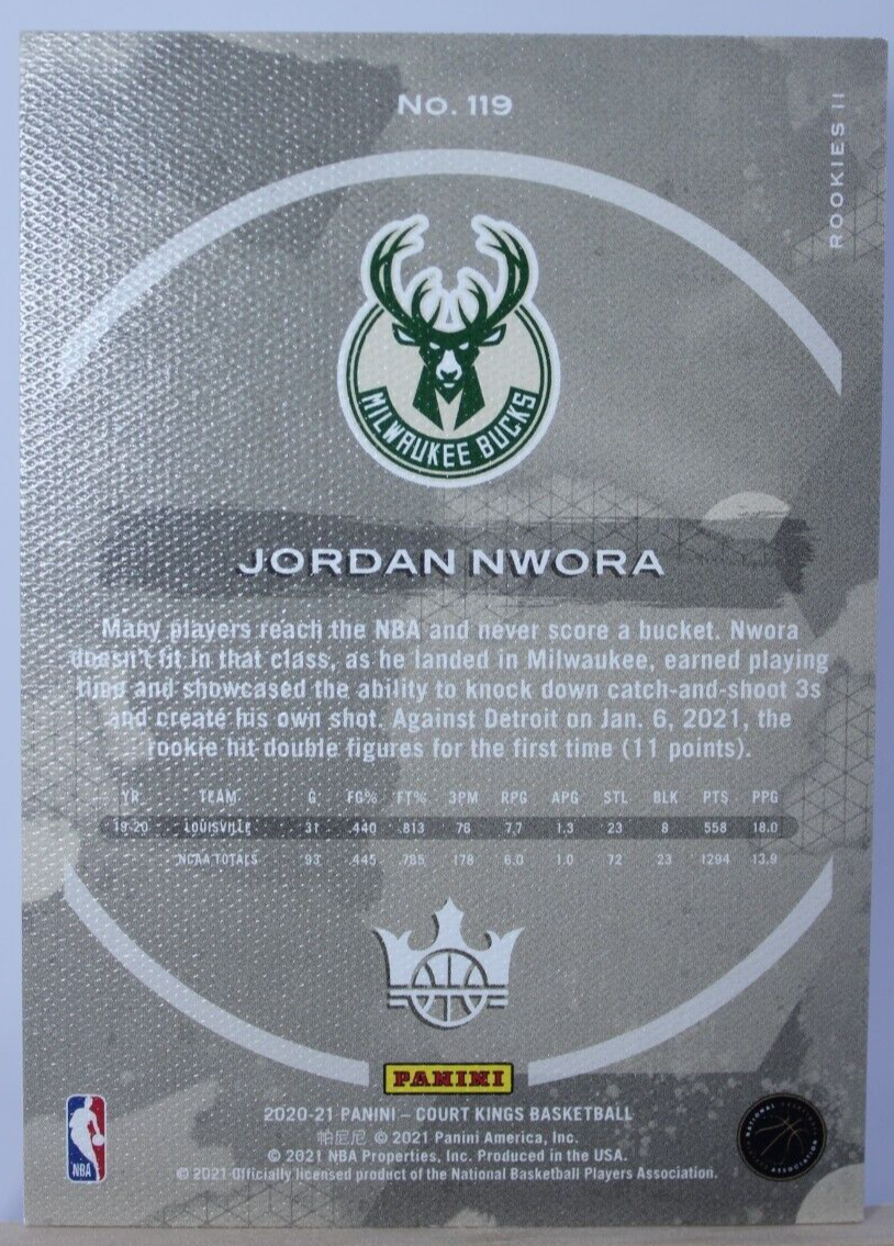 Jordan Nwora Level II Rookie RC #119 Bucks 2020-21 Court Kings NBA