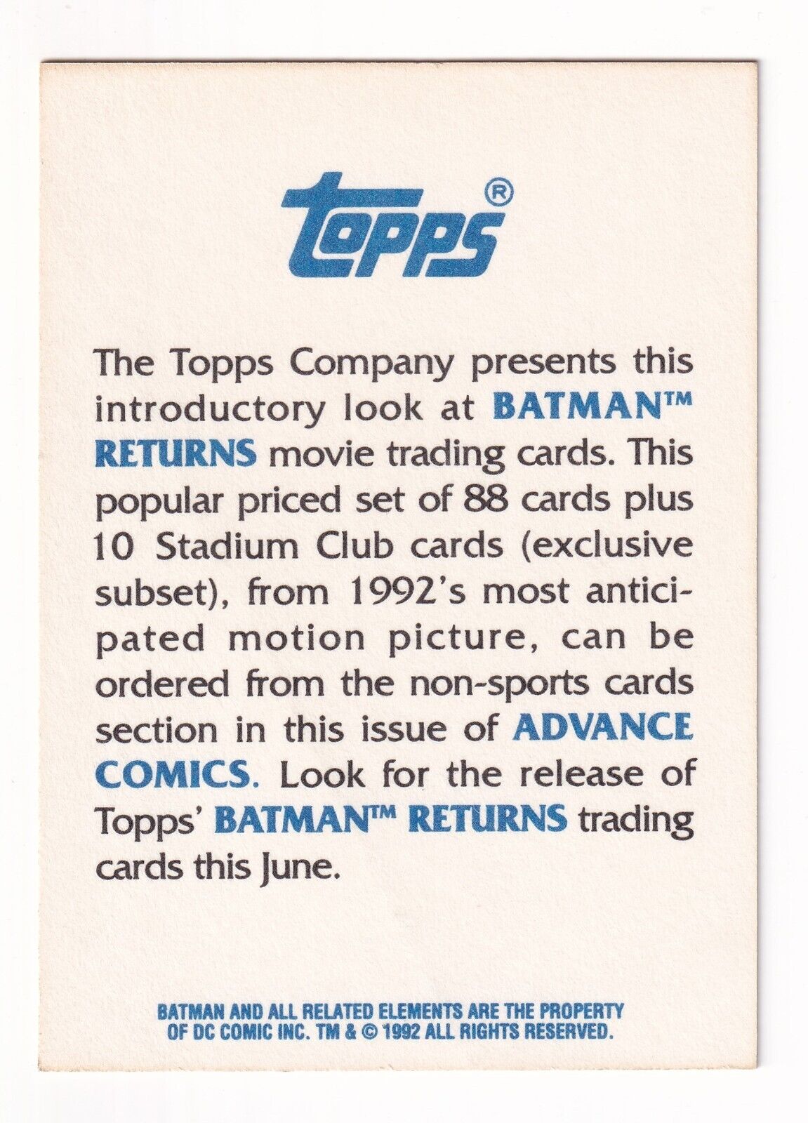 Batman Returns Promo Card Roar of The Batmobile 1992 Topps