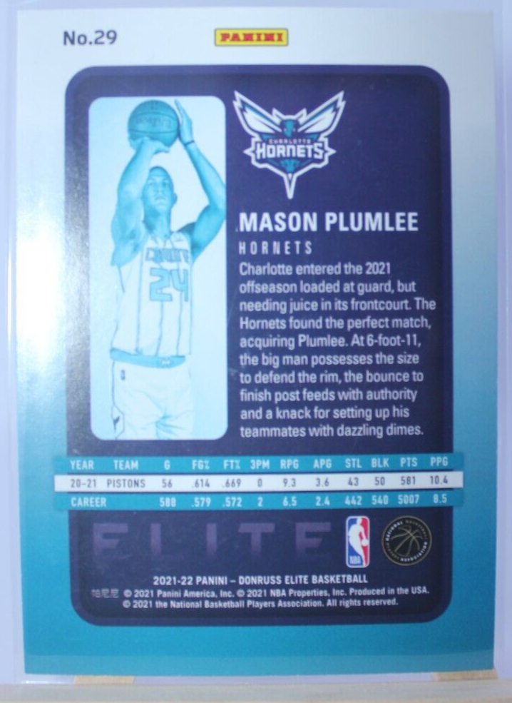 Mason Plumlee Donruss Elite Silver Holo # 29 2021/22 EX-M Charlote Hornets