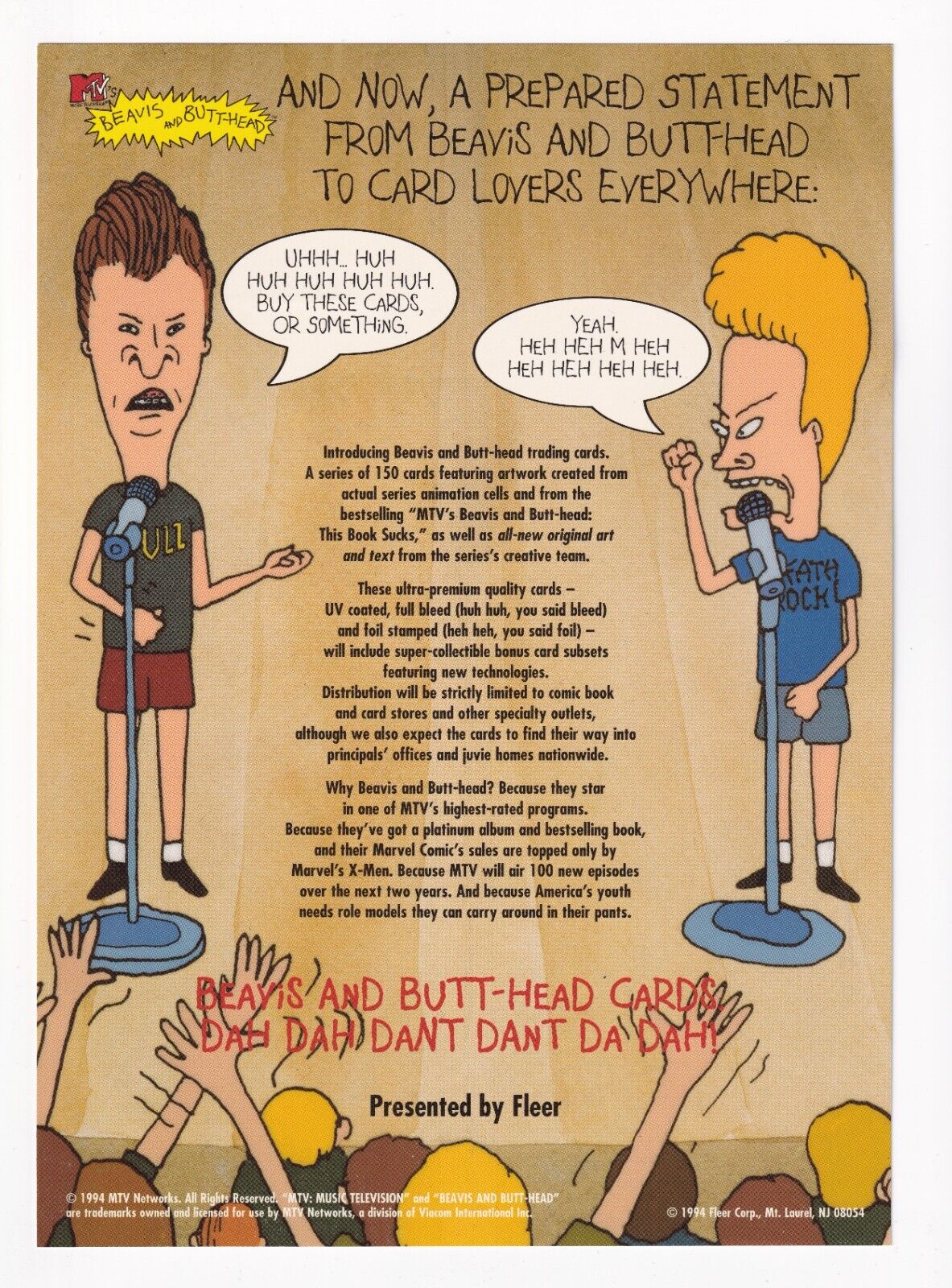 Vintage 1994 Beavis And Butthead Fleer Uncut Advertising Promo Sheet 10.5"x7.5"