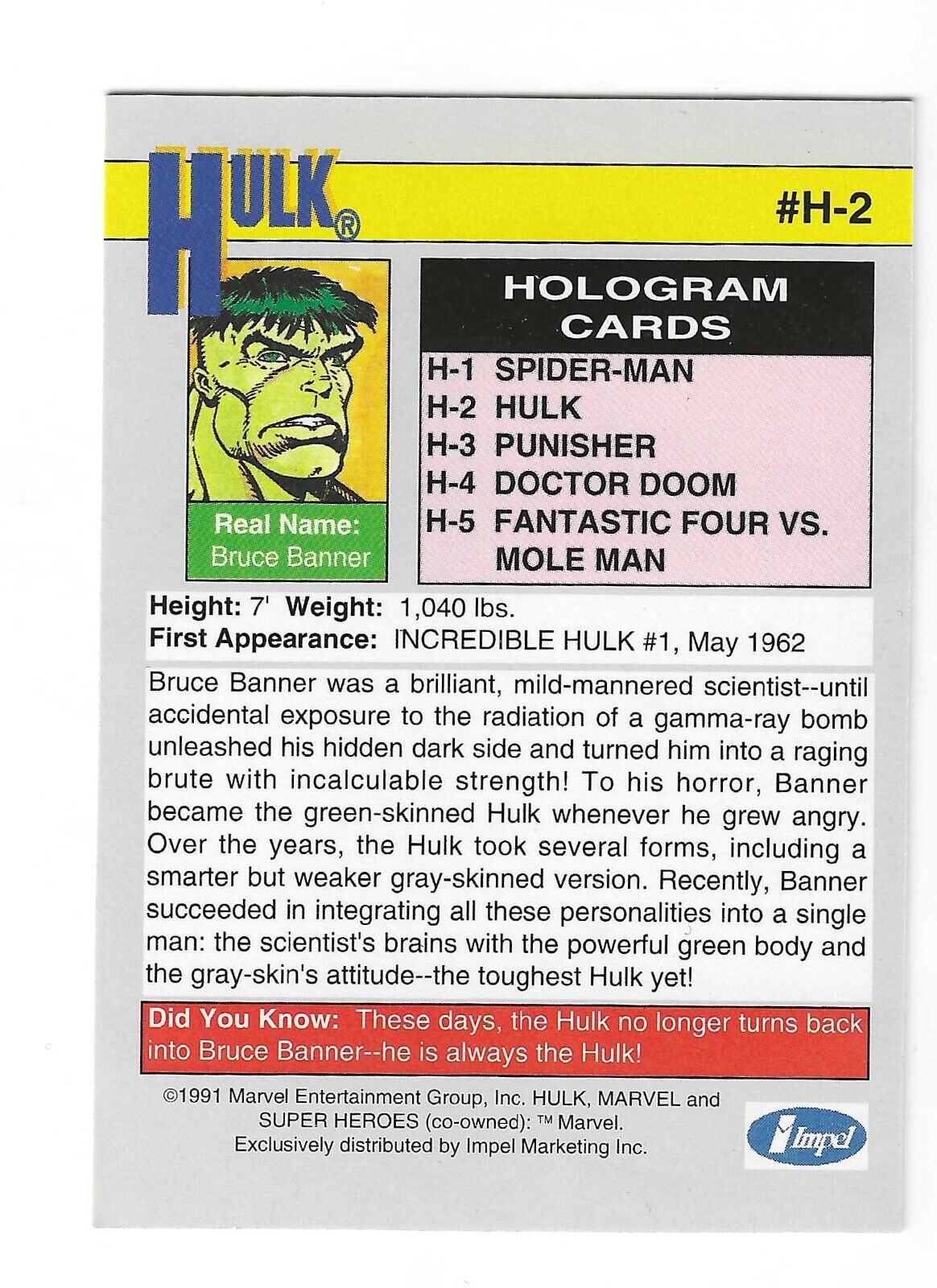 Hulk # H-2 Hologram Marvel Impel NM  Super Hereos Stan Lee