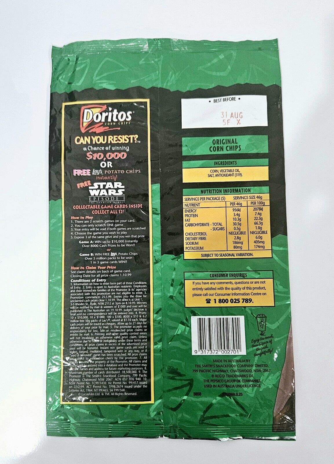 8 x Vintage Lay's/Doritos Australian Star Wars Episode 1 Chip Packets 1999