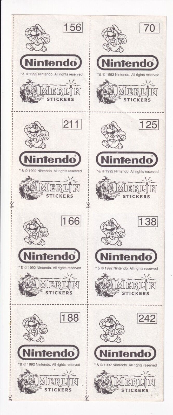 Mario 1992 Merlin Stickers x 8 Uncut Rare Nintendo Gumba Dr. Mario