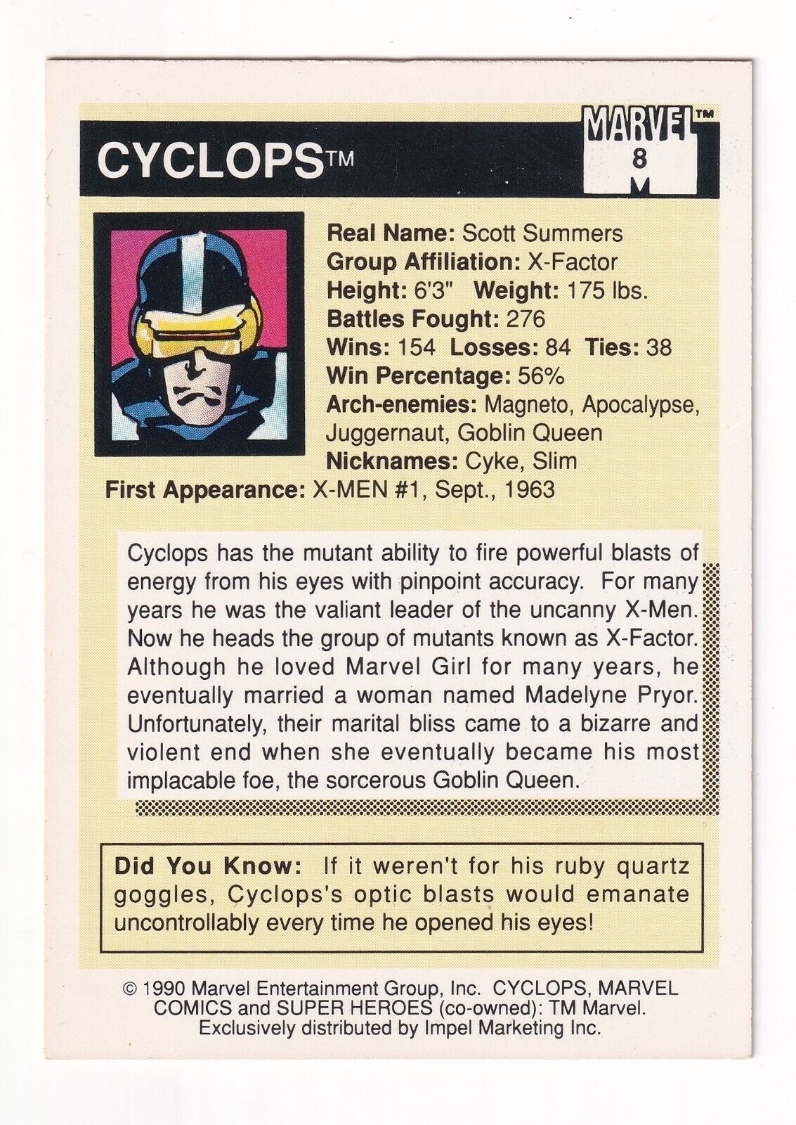 1990 Marvel Universe Super Heroes Series 1 Impel #8 Cyclops Card