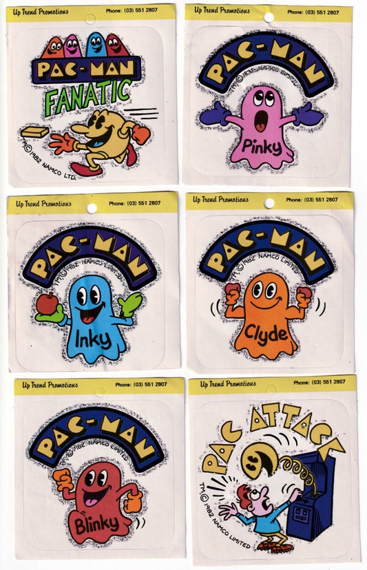 Vintage 1982 Namco Ltd Pacman Pac-Man Vinyl W Glitter Promo Stickers Lot of 6