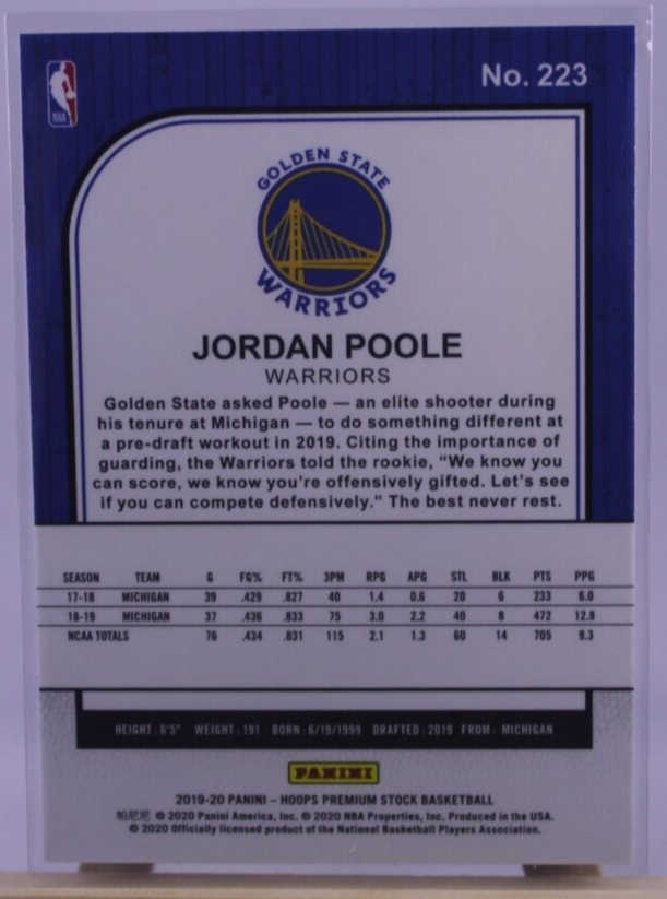 2019-20 NBA Hoops Premium Stock Jordan Poole RC Rookie #223  Warriors