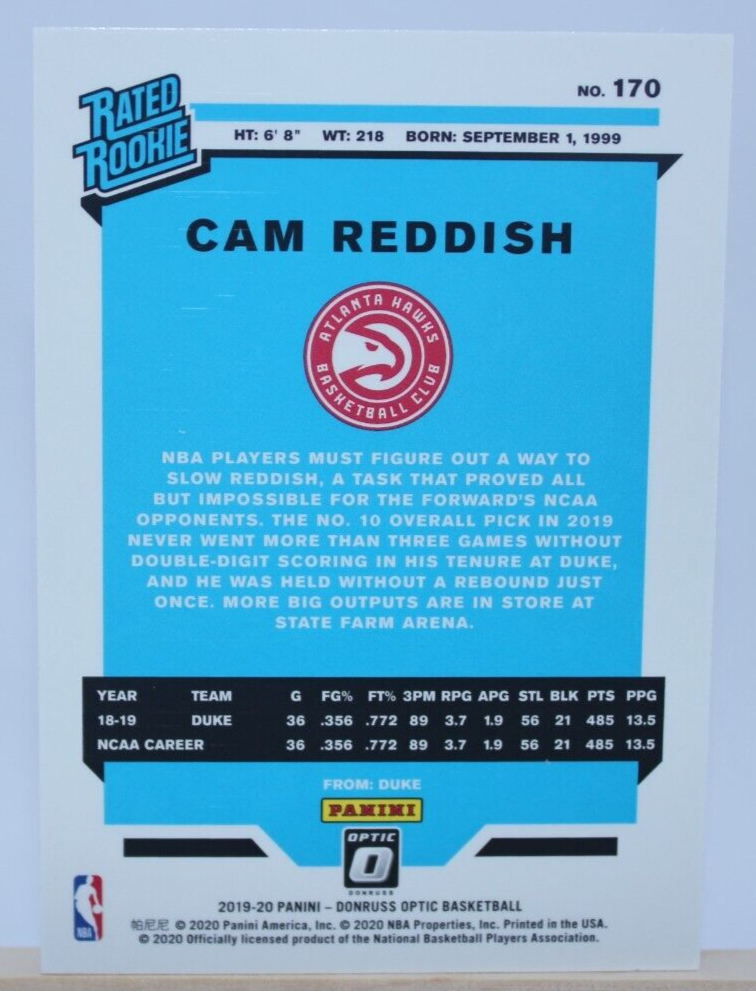 Cam Reddish Rated Rookie #170 RC 2019-20 Donruss Optic Atlanta Hawks