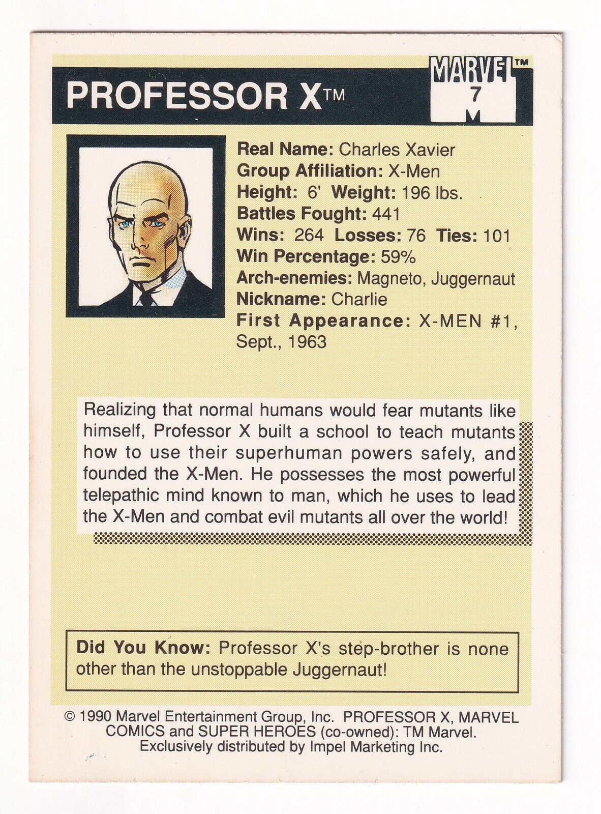 1990 Marvel Universe Super Heroes Series 1 Impel #7 Professor X Card