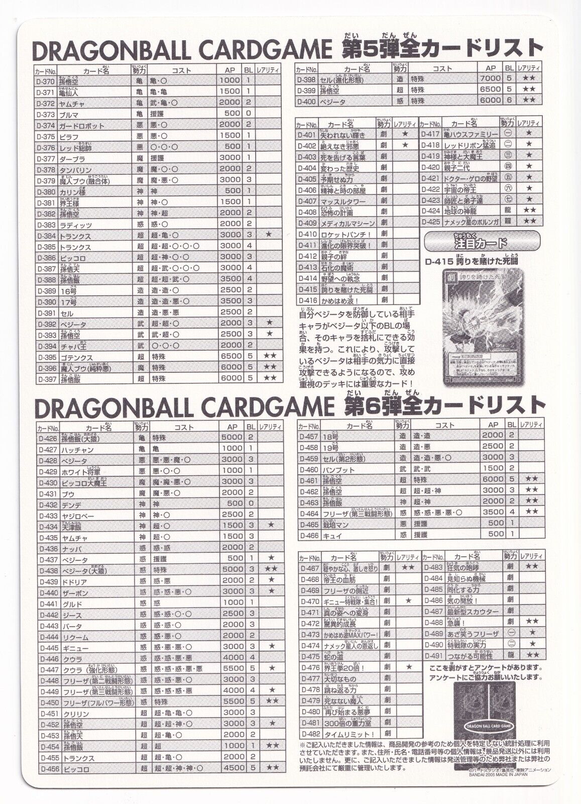 Unpeeled Card Game Expansion Sheet Carddas 0B Dragon Ball 2005 Bandai