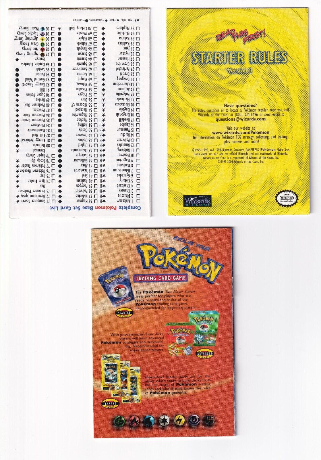 Pokemon Card Checklist Base Set & Rule Book Version 3 & Starter Rules V3