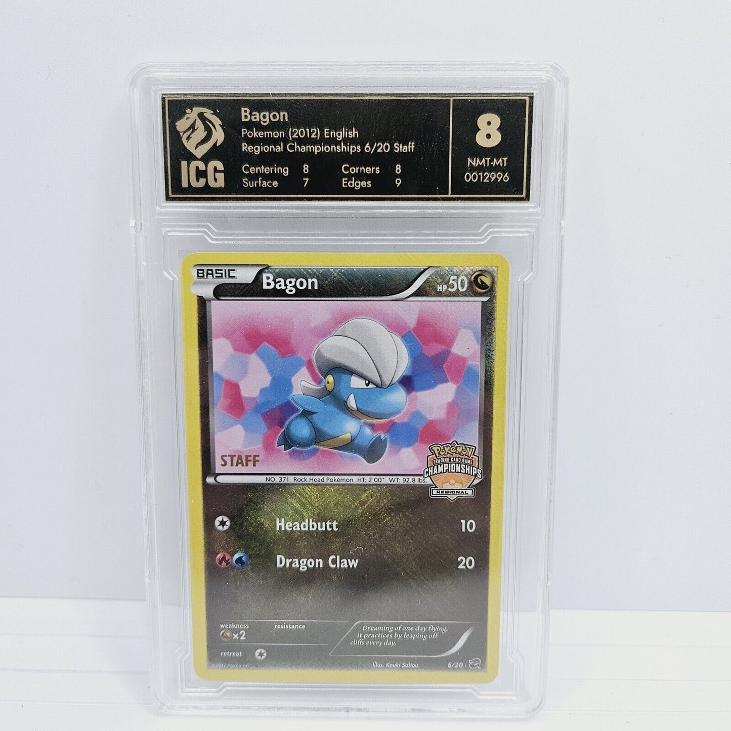 Bagon STAFF Regional Championships Promo Crosshatch Holo 6/20 ICG Graded 8